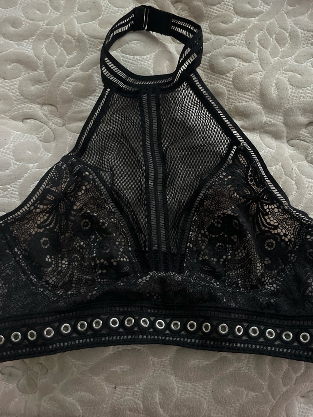 Victoria's Secret Black Lace High-Neck Mesh Bralette with Grommet Band